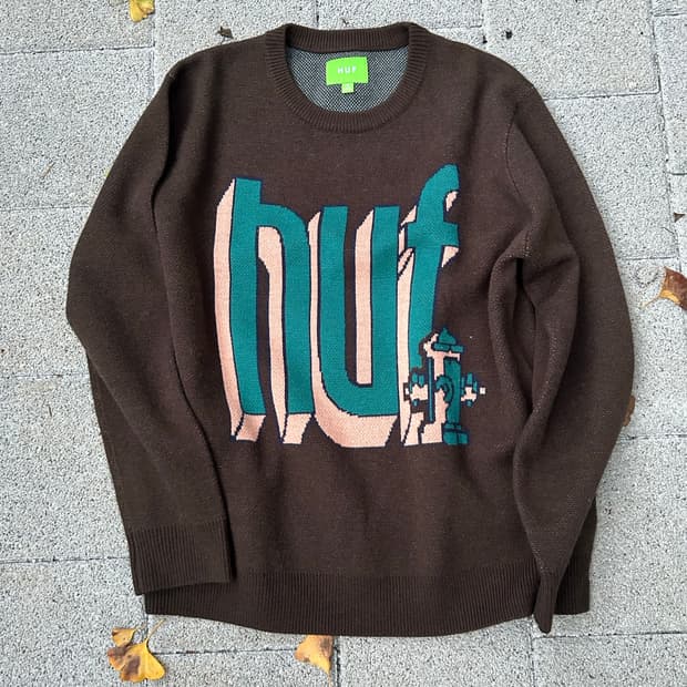 *rare* HUF 다크브라운 로고 니트 스웨터