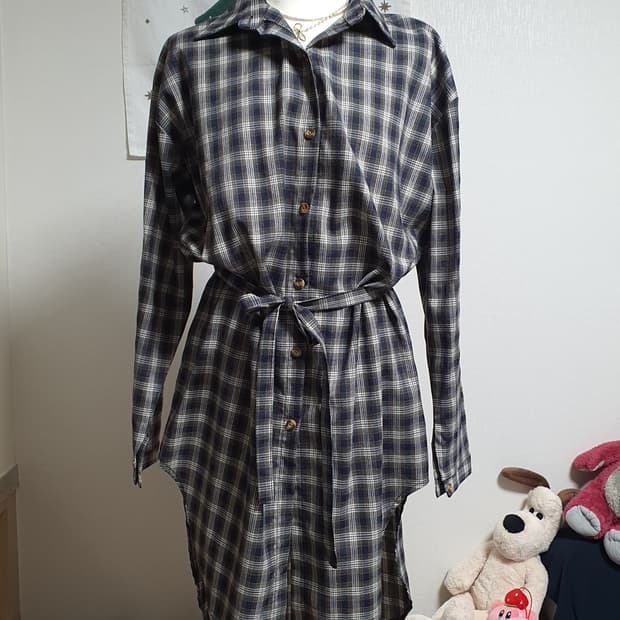 [빈티지] 네이비 체크 롱 셔츠 벨트 세트