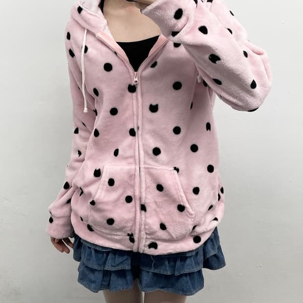 로맨틱갸루 핑크 도트 네코 플리스 후집