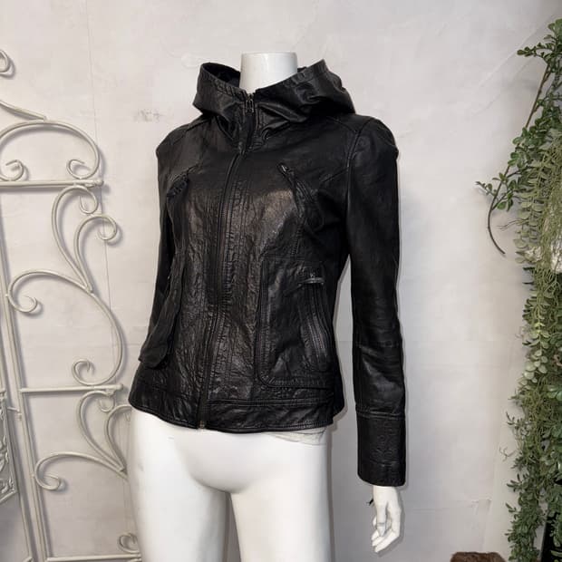 Black lamb skin hood zipup jacket