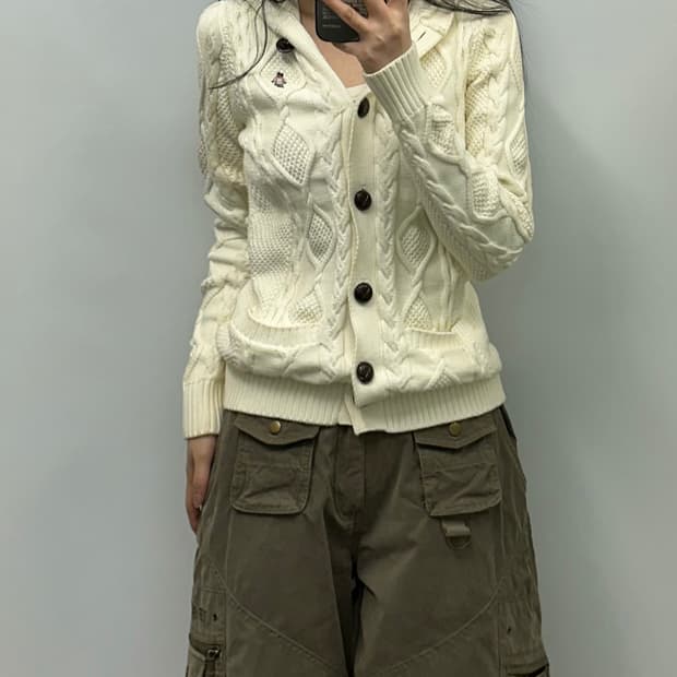 티니위니 케이블 니트 버튼 후드 가디건 