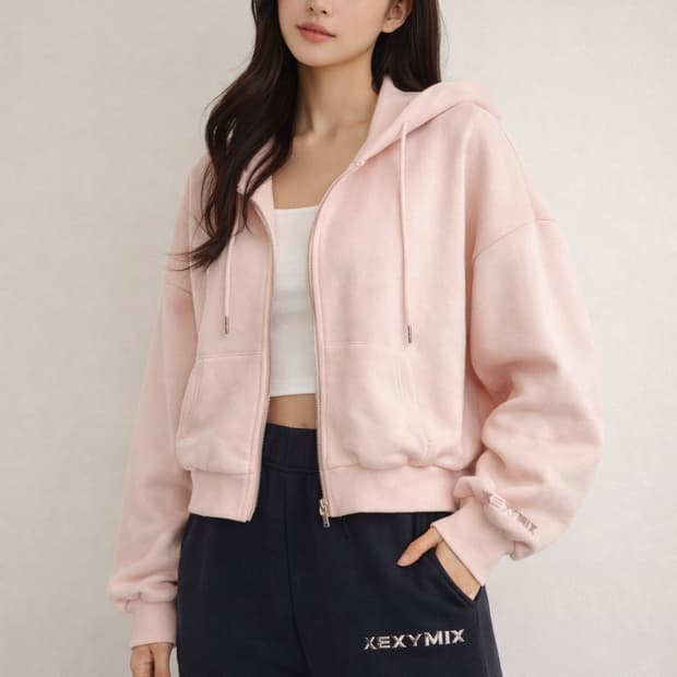 젝시믹스(XEXYMIX) 세피아 핑크 크롭 후드 집업