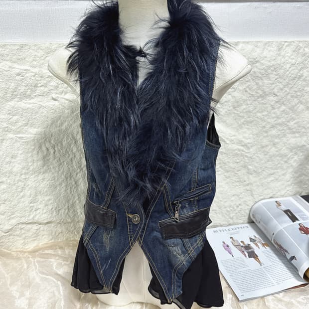 빈티지 고딕 워싱 데님 &양가죽&망사 라쿤퍼 조끼 베스트
