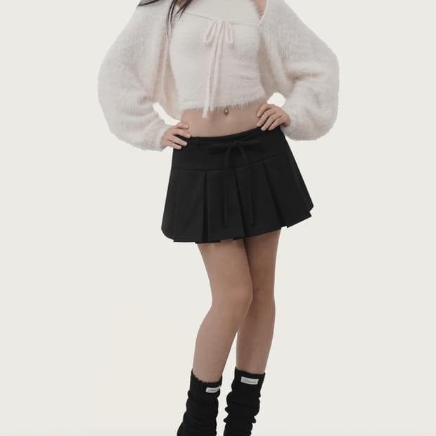 클리시어 Hugging ribbon pleated skirt, Black