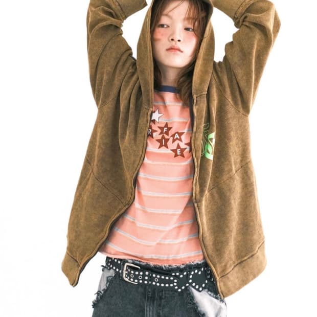 샵페어리 컬러 워싱 와플집업 브라운