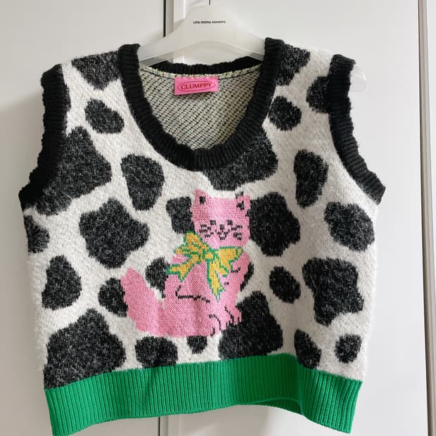 CLUMPPY 핑크 고양이 Cat on Cow 니트 베스트 조끼