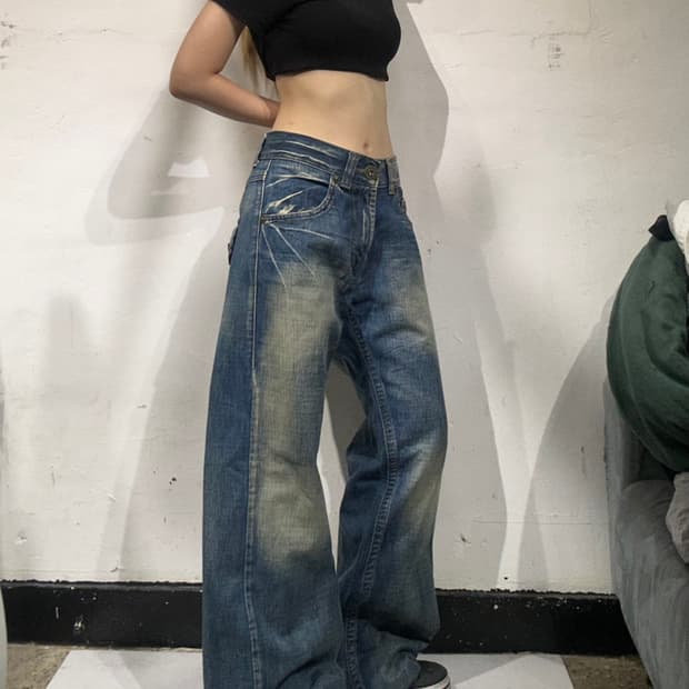 Ck 캘빈 클라인 중청 대대장 포켓 디테일 워싱 와이드 데님 팬츠 