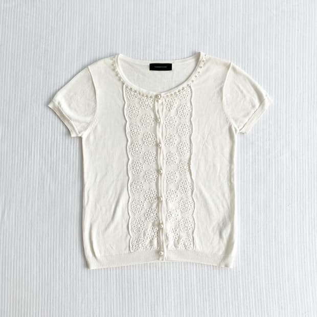 크림화이트 ♥ 꽃 레이스 반팔 가디건