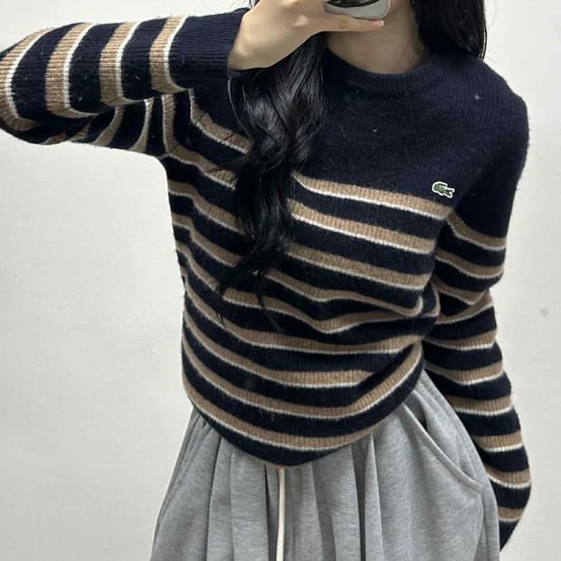 라코스테 스트라이프 울100% 핀터깔 크루넥 니트(100)