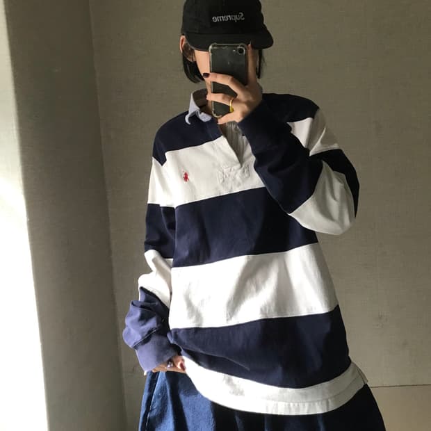 폴로 네이비 스트라이프 럭비티셔츠