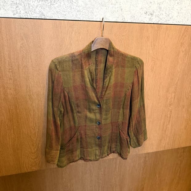 빈티지 린넨 자켓 체크 패턴 7부 슬리브 디테일 카키 브라운