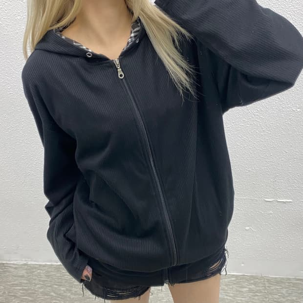 재팬 빈티지 체크 블랙 후드집업