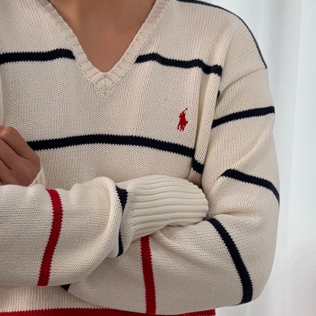 [M]폴로 랄프로렌 스트라이프 브이넥 코튼 니트
