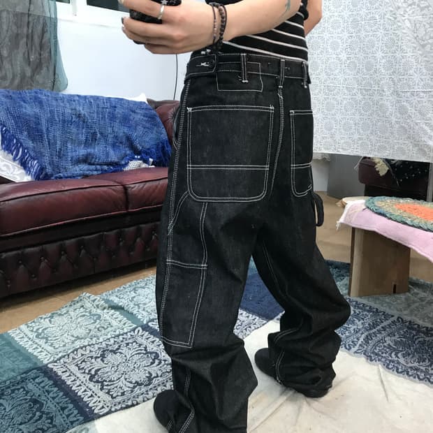 Allover 스티치 카고 흑청 카펜터 데님팬츠 