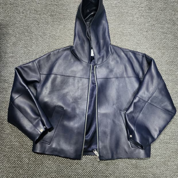 자라 네이비 후드 레더 점퍼 L-LX