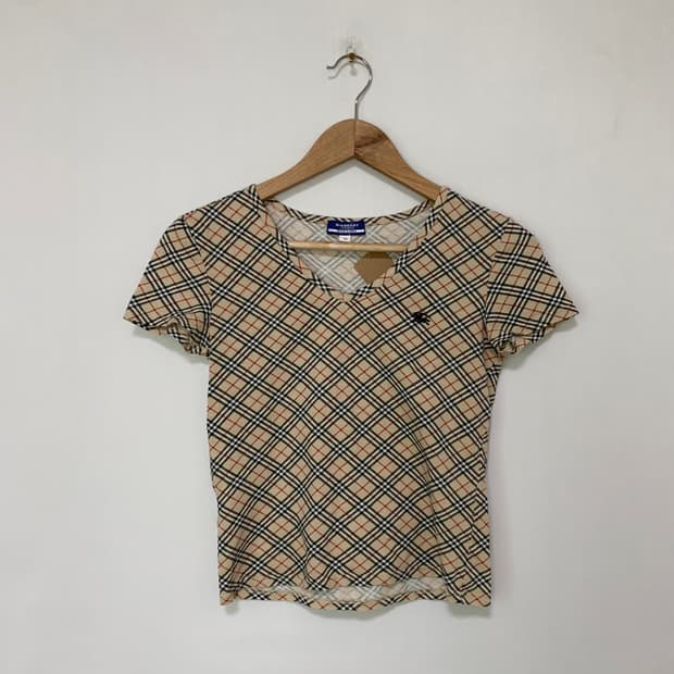 버버리 블루라벨 노바 체크 반팔 크롭 슬림 딱붙 빈티지 티셔츠