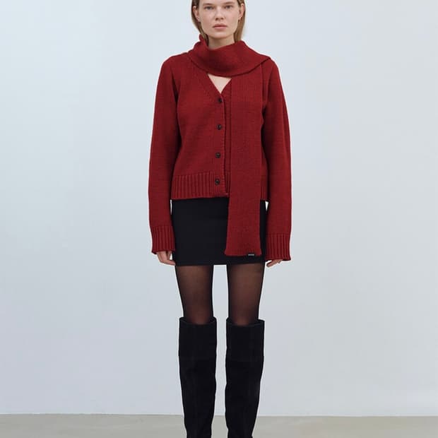 유즈 울 머플러 니트 가디건 레드