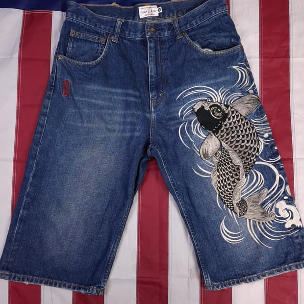 오리지날 카라쿠리 타마시 잉어자수 데님 쇼츠