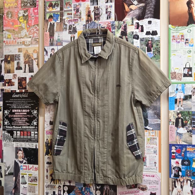 JPN 카키 체크 배색 반팔 코튼 집업