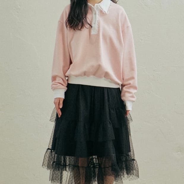 호쿠스포쿠스 샤 도트 프릴 레이스 셔링 롱 티어드 스커트 치마