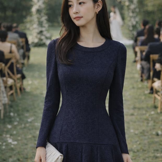 JJ지고트 프리미엄 빈티지 네이비 자카드 플레어 원피스 (44~날씬55)