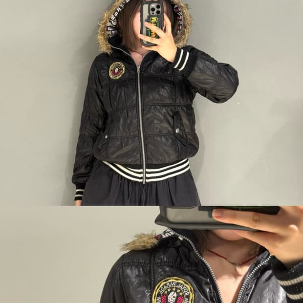 patch point fur hood glossy padding