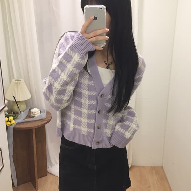 여성 라코스테 체크패턴 니트가디건 95