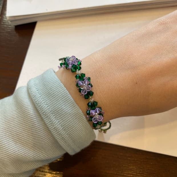 빈티지 퍼플 그린 플라워 비즈 팔찌