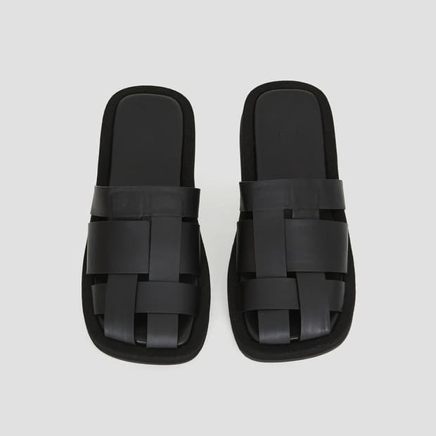 렉토 크로스 스트랩 스퀘어 슬라이드 슬리퍼 블랙