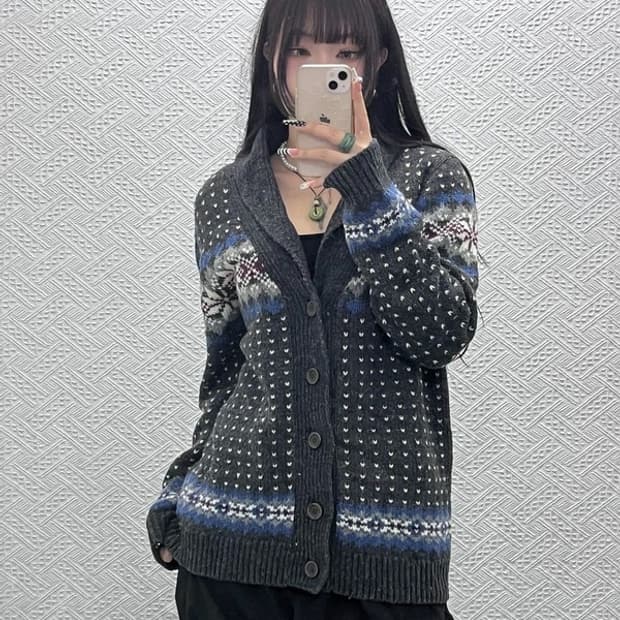 빈티지 노르딕 코위찬 숄카라 니트 뜨개 가디건 100 C10590