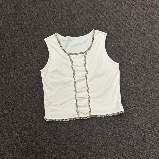 OS)Japanese vintage 여성 베이지 프릴 디테일 나시