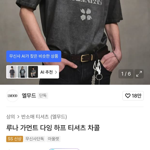 엘무드 루나 가먼트 다잉 하프 티셔츠 차콜 48