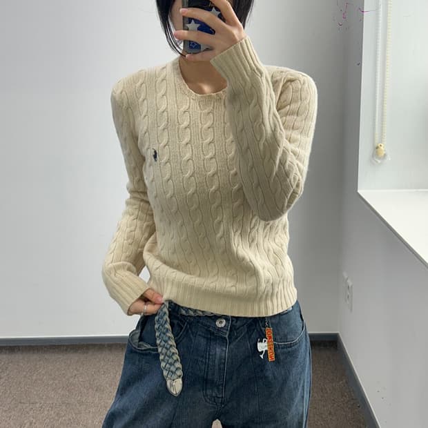 Polo 폴로 네이비 포니 베이지 케이블 니트