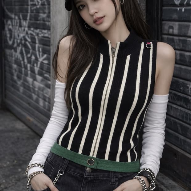 🧥 A6 스트라이프 니트 집업 베스트 (블랙 / 아이보리)