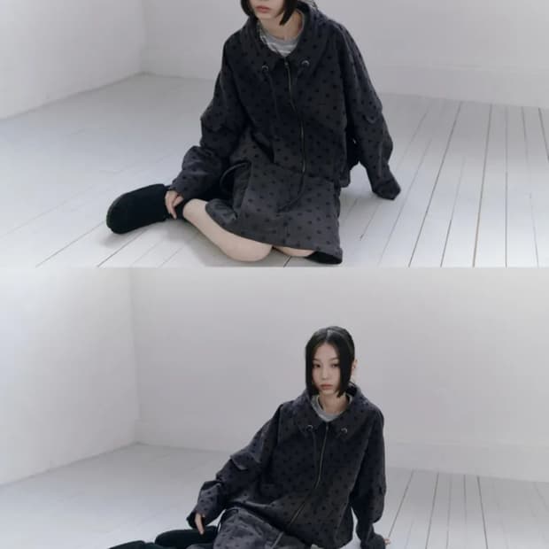 라세레모니 도트 패턴 자켓+스커트 블랙 (에스파 윈터 착용