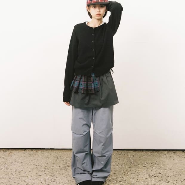 오헤시오 체크 투웨이 미니스커트 퍼플 차콜