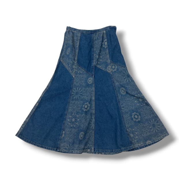 JPN 플라워 패치 데님 롱스커트