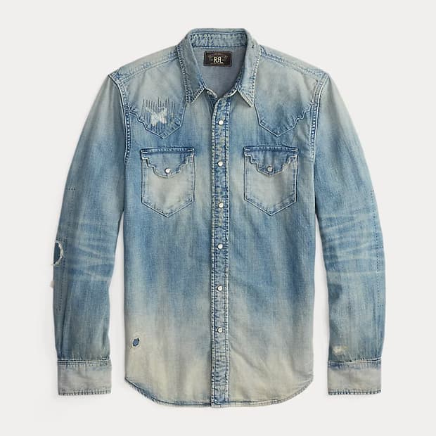 RRL 슬림핏 리페어 데님 웨스턴 셔츠