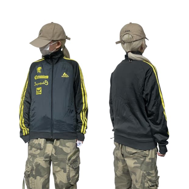 00s 아디다스 차콜 옐로우 삼선 프린팅 오버핏 트랙탑 져지 M