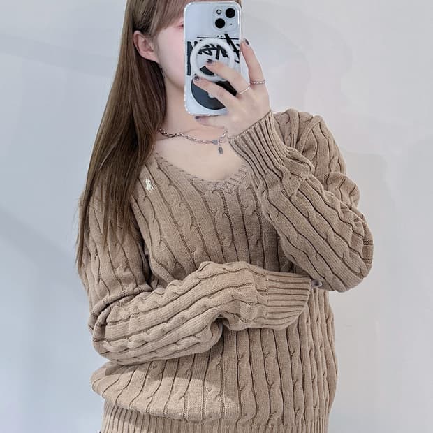 폴로랄프로렌 베이지 화이트포니 브이넥 케이블니트