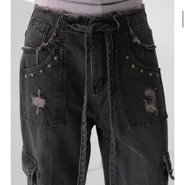 바이너리원 그런지 스타 데님팬츠_흑청S