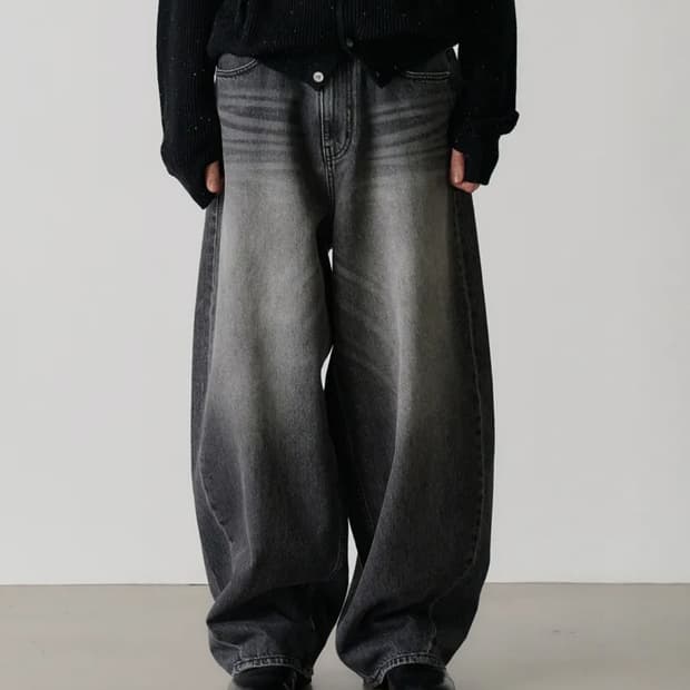 [노운] wide curved denim pants (black)