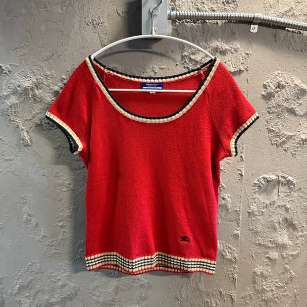 버버리 BURBERRY 블루라벨 니트 반팔 트림 디테일 레드 M