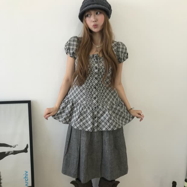 버버리 체크 퍼프 블라우스 그레이 니혼진 코디세트