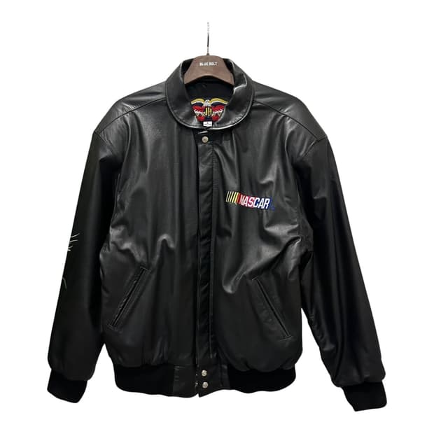 나스카 가죽 레더 블루종 자켓 후면 빅 레터링 로고 투포켓 디테일 블랙