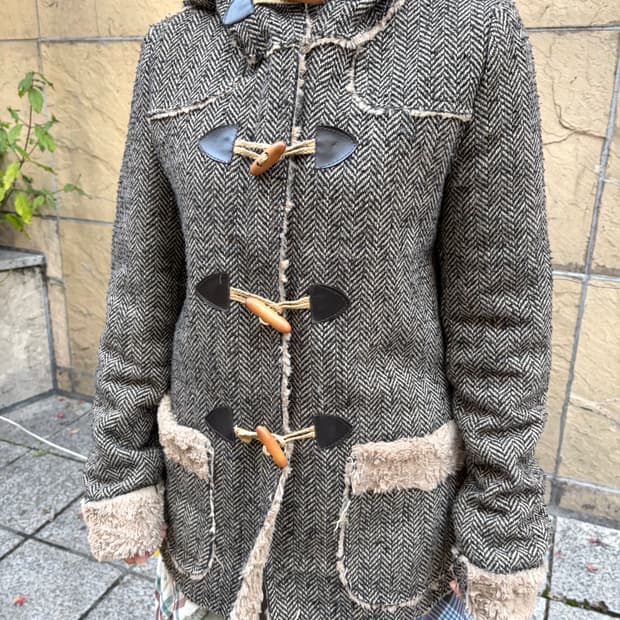 일본 빈티지 헤링본 털후드 떡볶이 코트