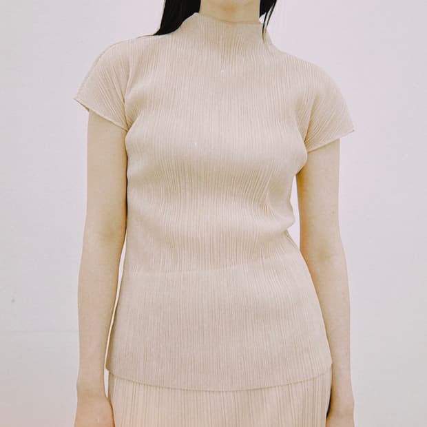 Aria Pleats Mock-neck Top (Beige)