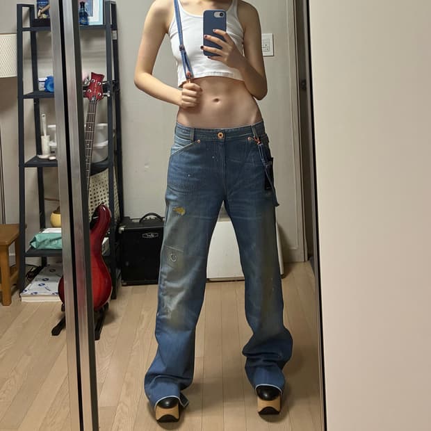 디젤 그런지 데미지 서스펜더 백버클 와이드팬츠