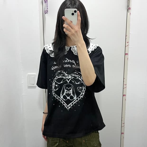 Majoretty 토끼 지뢰계 레이스 큐빅 반팔 티셔츠