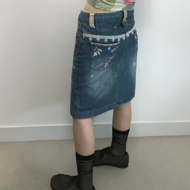 빈티지 신치백 자수 데님 스커트